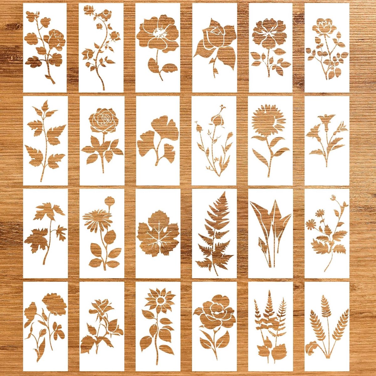 Dailygoods- Bloemensjablonen 24 Stuks - Herbruikbare Knutselsjablonen - PET Materiaal - 15x7,5 cm - Wandkunst - Schilderen en Tekenen - Schilderstencils