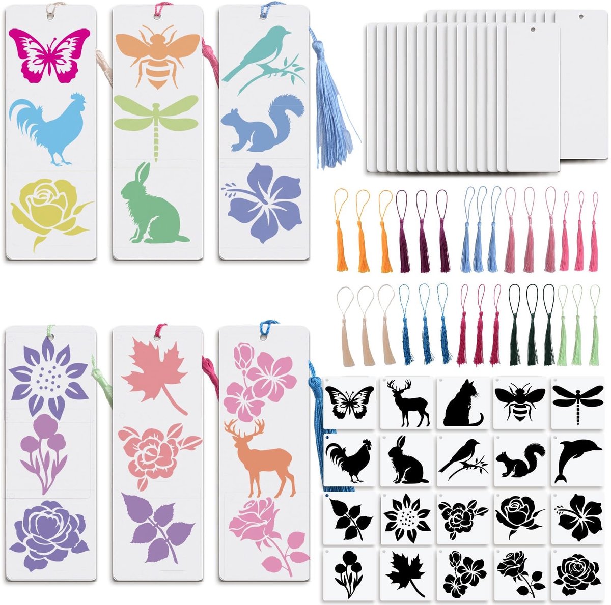 Dailygoods- Bladwijzers Maken Kit 30 Sets - Wit Papier - Kleurrijke Kwastjes - Bloem/Dier Sjablonen - Doe-Het-Zelf Ambachten - Inclusief Afplakband