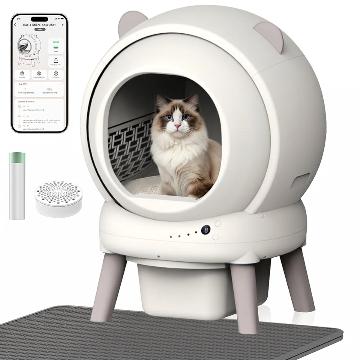 Automatische Kattenbak - 65L - Zelfreinigend – Electrische Kattenbak - Bedienen via App - incl stekkeradapter en 1 rollen opvangzakjes - Slimme Waarschuwing - Gezondheidsbewaking - Incl. Kattenbakmat - Wit