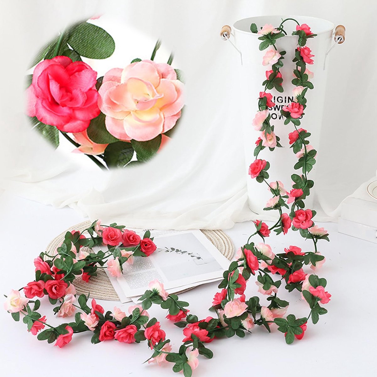 Dailygoods- Kunstrozenslinger 220 cm - Kunstbloemen - Bloemenslinger voor buiten - Decoratie voor bruiloften - Feesten - Tuinen - Roze