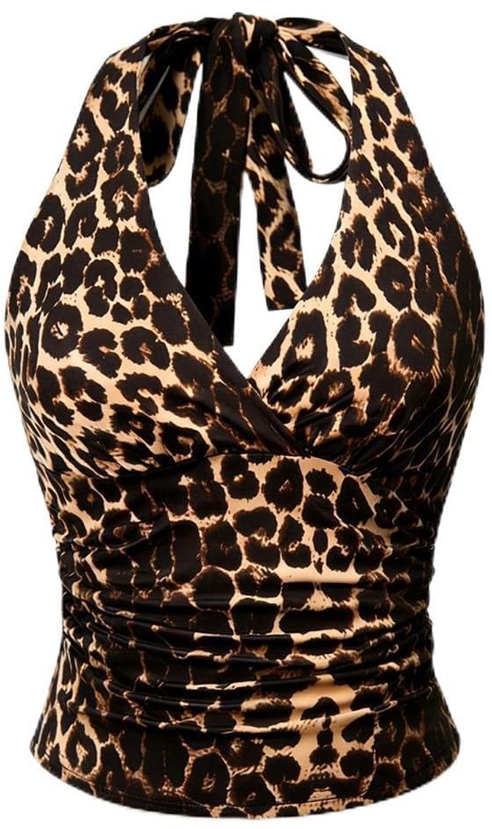 Dailygoods- Dames-top met luipaardprint - Mouwloos - Halternek - Diepe V-hals - Gerimpelde voorkant - Y2K-trend - Damesblouse