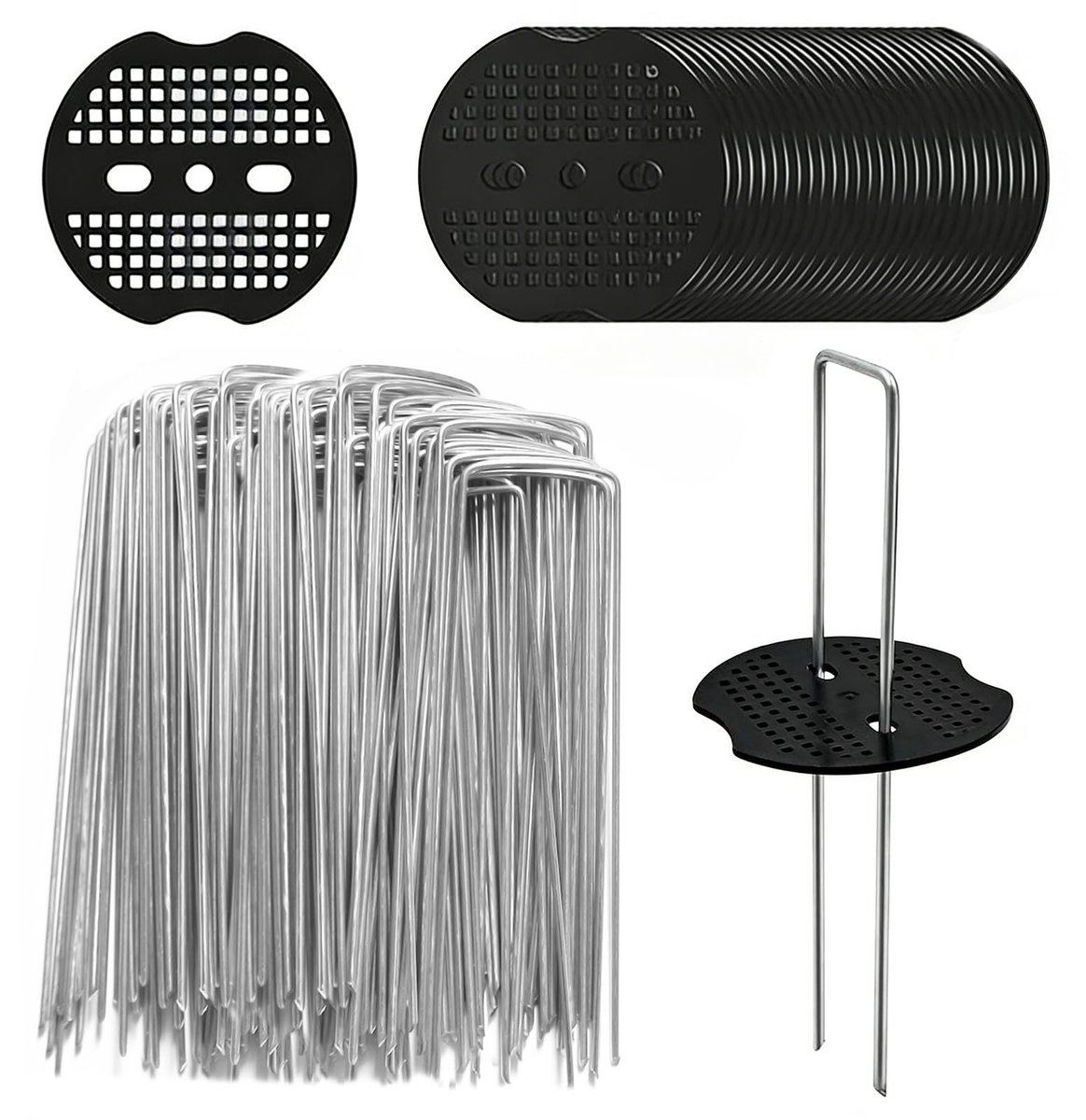 Dailygoods- Onkruidvlieshaken 60 stuks - Grondankers - U-vormige Haringen - Verzinkte Stalen Palen - Bufferschijven 150 x 40 mm - Duurzaam en Herbruikbaar