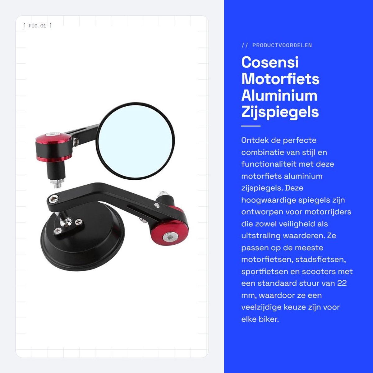 Dailygoods- Zijspiegels Aluminium - 7/8 Inch - Geschikt voor Motorfietsen/Scooters - Diameter Spiegel 7,8 cm - Eenvoudige Installatie - Goud/Blauw/Rood - Motorfiets Spiegels