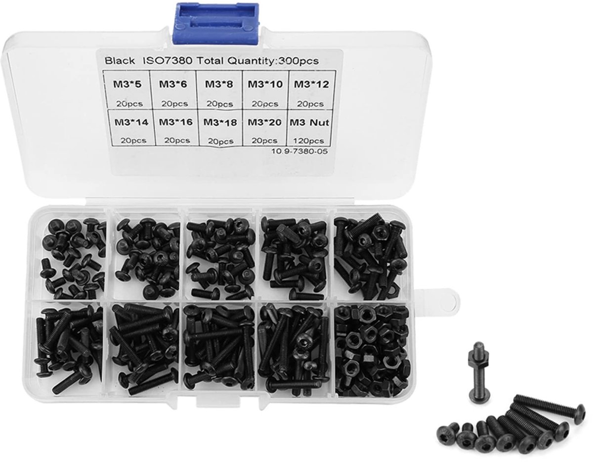 Dailygoods - M3 Carbon Steel Cylinder Head Nuts Set - 300 Stuks - Hoogwaardige kwaliteit - Zwart - Schroeven en Moeren - Perfect voor klussen - Ideaal...