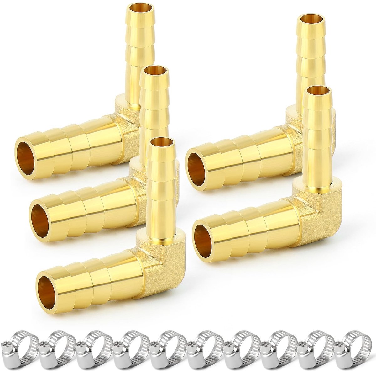 Dailygoods- Slangfitting Messing - 2-weg Elleboogslangfitting - 5 Stuks Slangaansluitingen - 10 Stuks Klemmen - Werkingsdruk 0-1 MPA - Temperatuur -50-120°C - Slangaansluiting