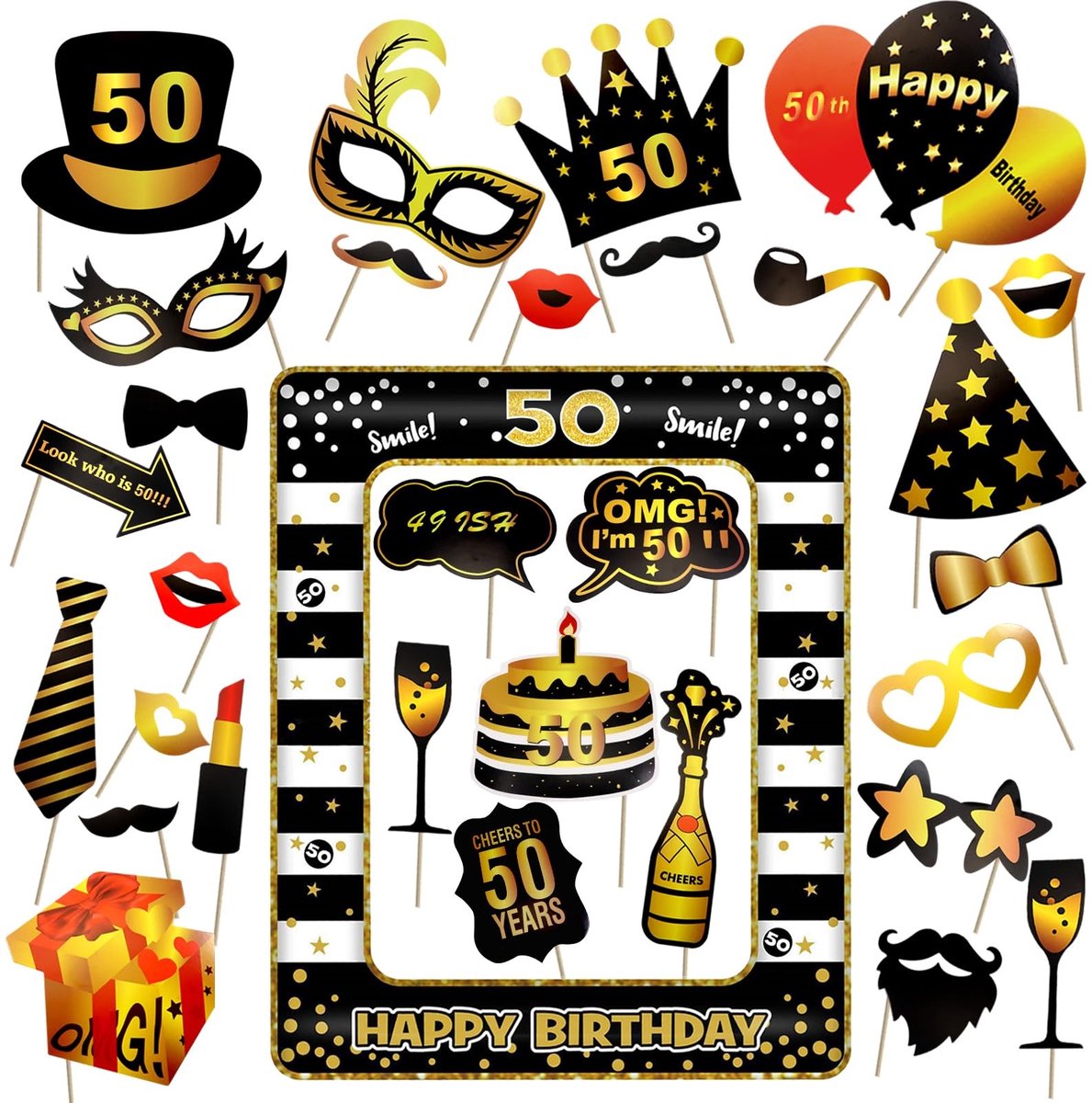 Dailygoods- Fotorekwisieten 31 Stuks - Opblaasbaar Frame - Grappige Accessoires - Decoratie voor Verjaardag - Gouden Bruiloft - Herbruikbaar - Fotoproppen