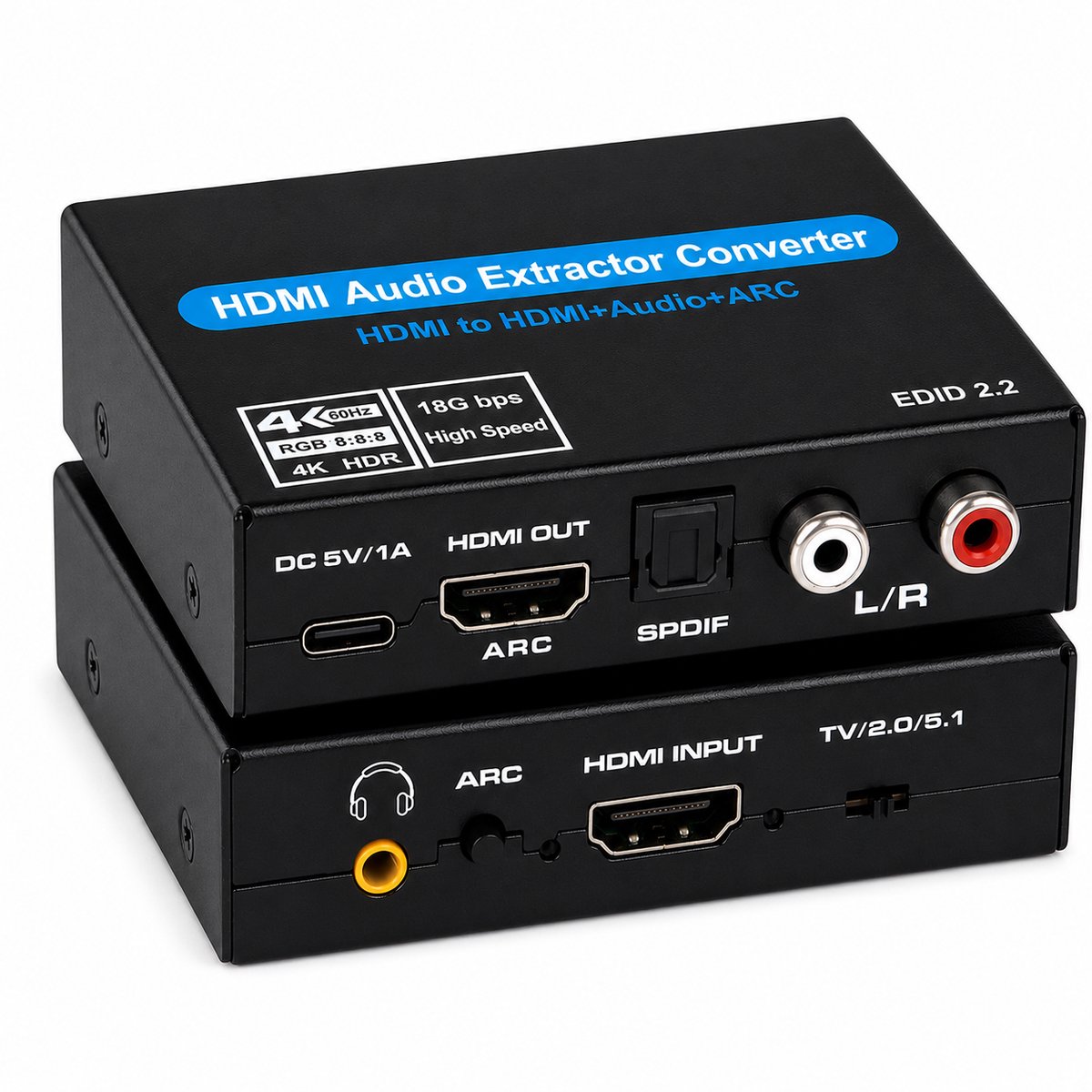 HDMI ARC Audio Extractor – HDMI Audio Converter – HDMI naar RCA, SPDIF & 3.5mm AUX – 4K 60Hz – Dolby Atmos & HDR10 – Zwart