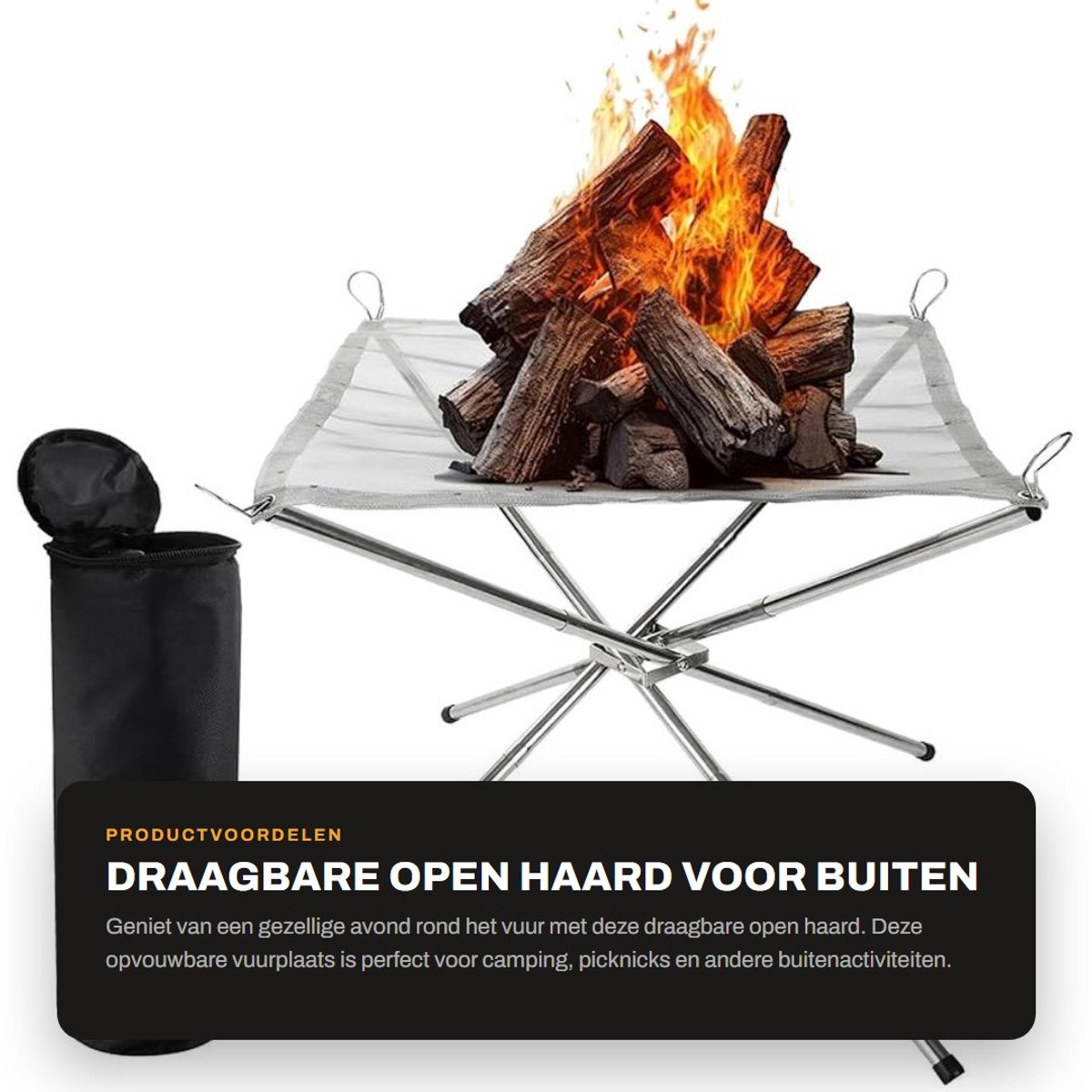 Dailygoods- Open Haard Draagbaar - 56 cm - Opvouwbaar - Roestvrij Staal - Buiten Vuurkorf - Stabiliteit voor Kamperen