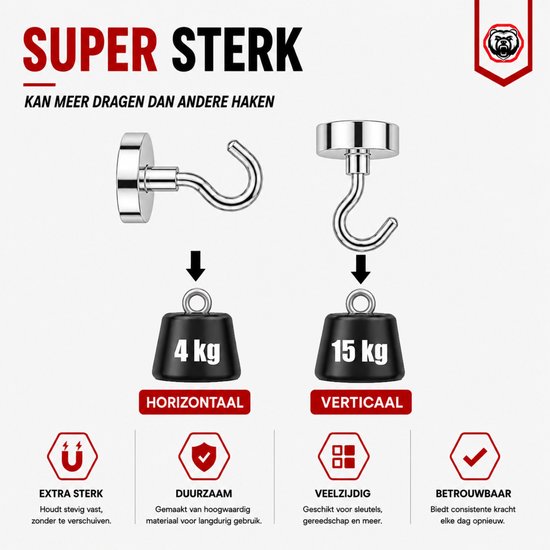 Super sterke magnetische haken, houden 4 kg horizontaal en 15 kg verticaal, zilverkleurig.