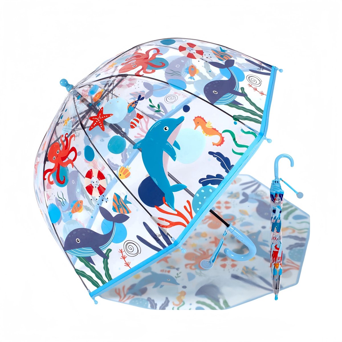 Dailygoods - Kinderparaplu voor kinderen, met koepeldak, licht, schattig grappig design, wind- en paraplu, paraplu, klokvorm, transparant, cadeaus voor kinderen, Blauwe dolfijn, S