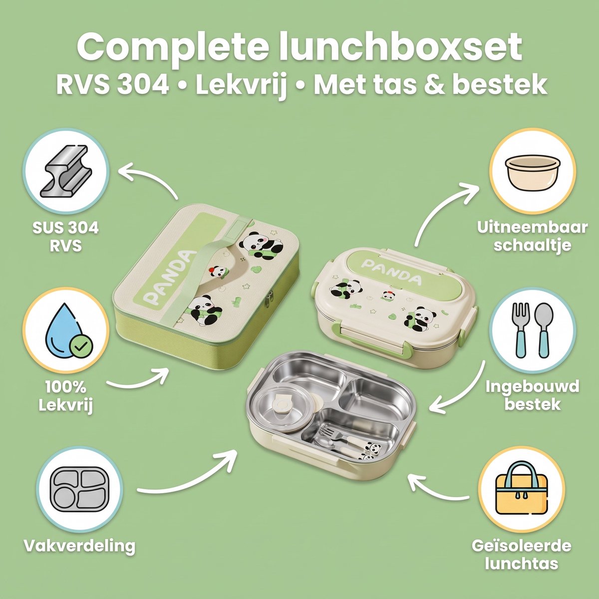 Ryoudavell - Panda Bento Box Lunchbox voor Kinderen - RVS 304 Broodtrommel met Vakken - 100% Lekvrij - Inclusief Geïsoleerde Lunchtas en Bestek - Groen - 28 cm — cadeau in Spellen & Speelgoed - foto 3