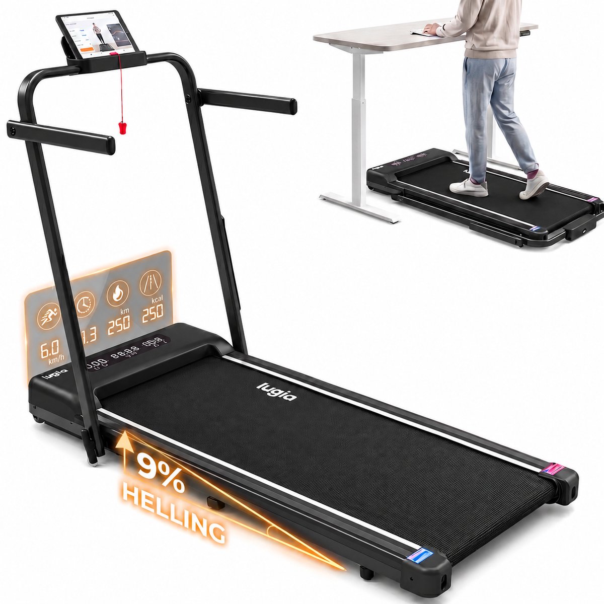 Lugia Fit Pro Loopband 1-12 km/u - Walking Pad met 9° Helling - Inklapbaar - LED Display - Afstandsbediening - 5-Laagse Schokdemping - Voor Thuis & Kantoor
