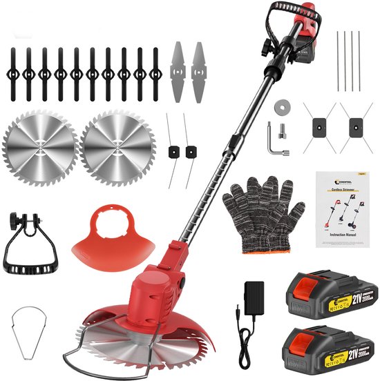 Rode en zilveren accugrasstrimmer met twee 21V 2000mAh batterijen, oplader, handschoenen en diverse maaikoppen.
