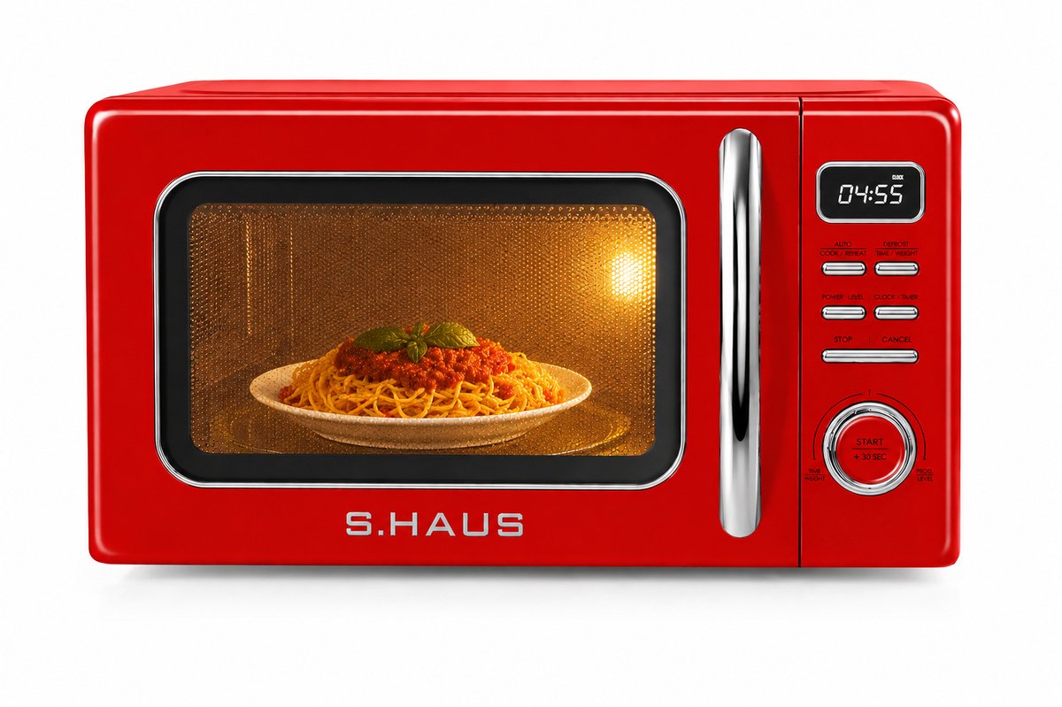 Swiss Haus® MW19 Magnetron Vrijstaand - 20L – 700W Digitale Solo Microgolfoven – Retro Microwave Vintage Design – Auto Cook & Ontdooifunctie – 11 Verwarmingsstanden - Rood