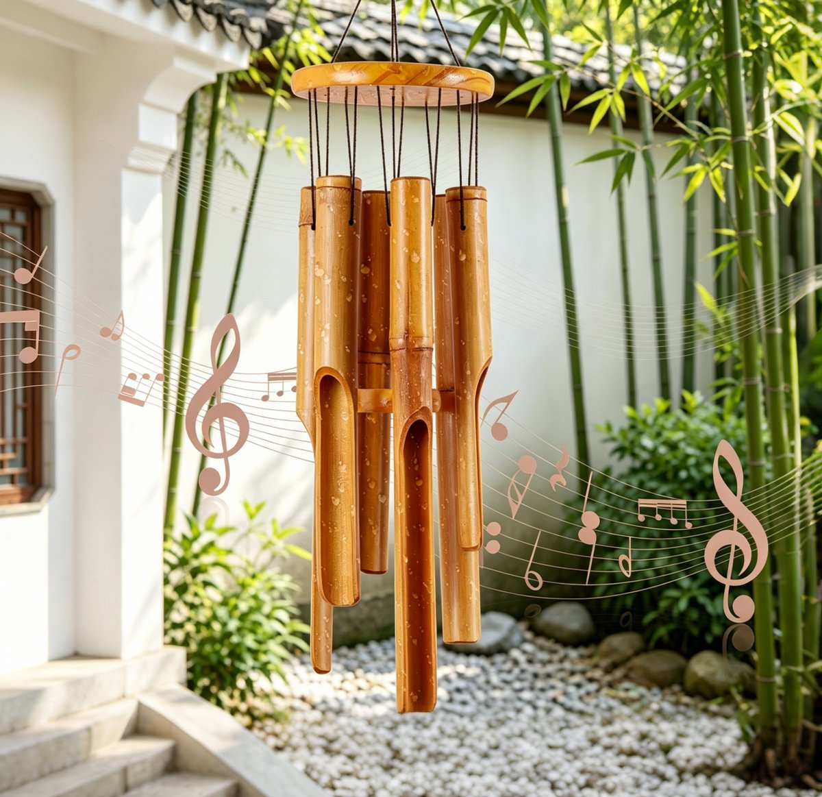 Bamboe Windgong 81 cm - Windgong buiten - Handgemaakte Houten Windgong met 6 Bamboebuizen - Voor Tuin, Balkon en Terras