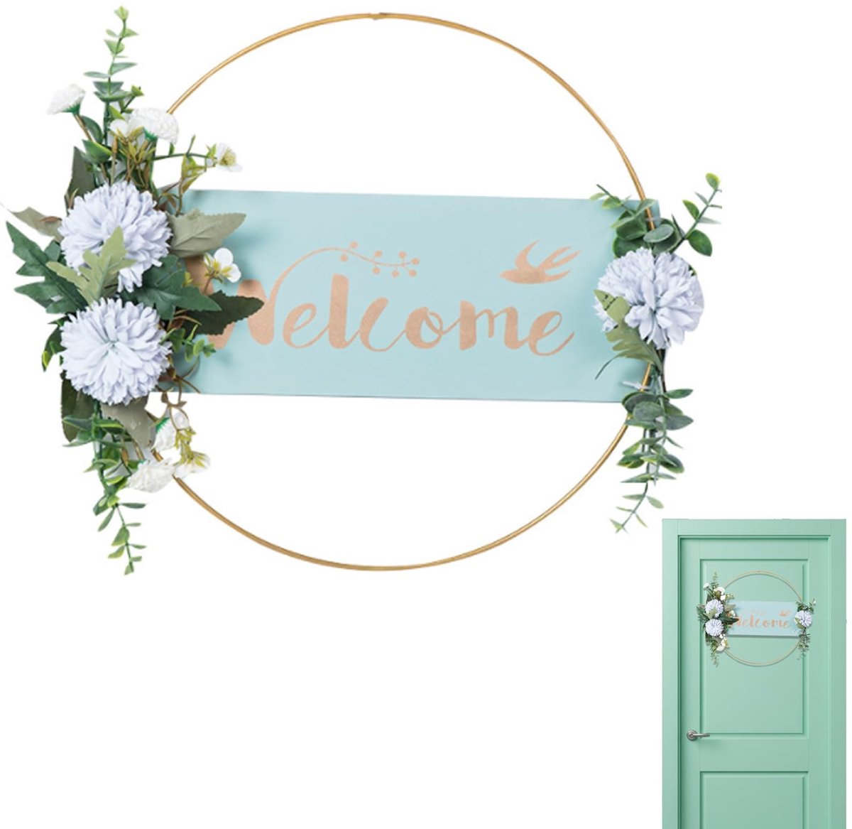 Dailygoods- Decoratiekrans Metalen Bloemenkrans - Kunstbloemen - Deurdecoratie - Woonkamer Decoratie - Bruiloft Decoratie - 35 x 25 cm - Dekoratie