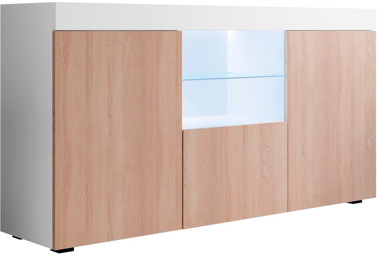 Dailygoods - Dressoir Natolia | 150 x 80 x 40 cm | Mat melamine met LED-Belichting | Wit en Sonoma