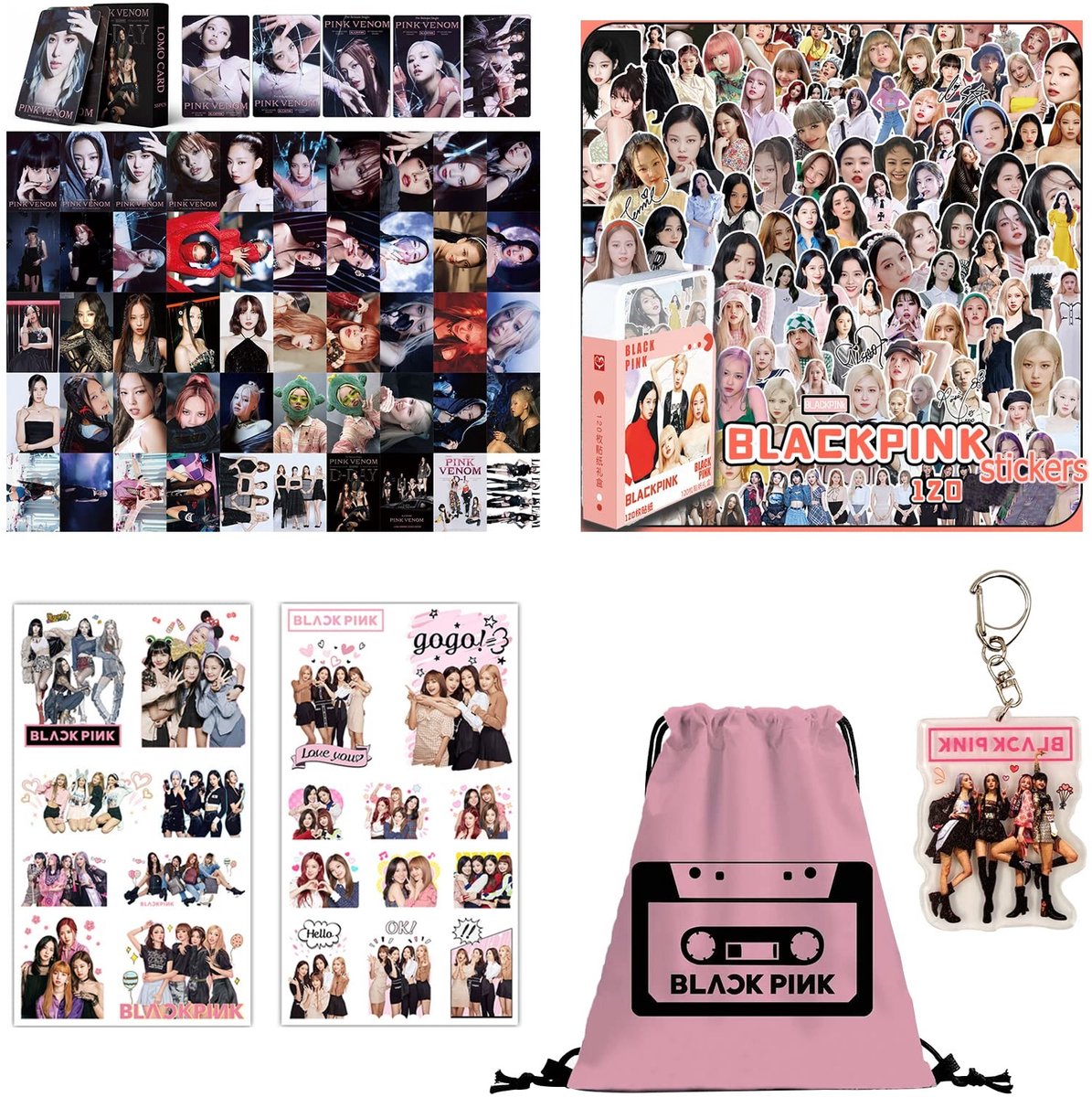 Dailygoods- Geschenkset Blackpink - 120 Unieke Stickers - 55 Ansichtkaarten - Sleutelhanger - Tas met Trekkoord - Roze Cadeauverpakking - Fanartikel