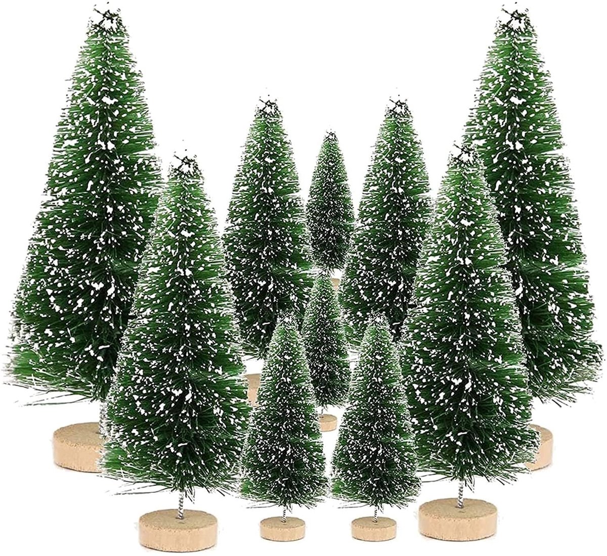 Dailygoods- Mini Kerstboom 10-delige Set - Kunstkerstboom - Miniatuur Boom - Groen - Houten Sokkel - Winterdecoratie