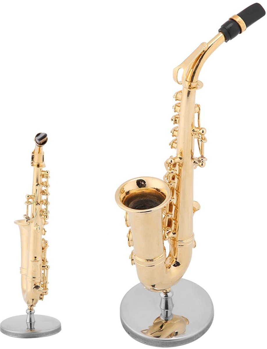 Dailygoods- Altsaxofoon Miniatuur - Verguld Model met Stand - Houten Kist - Messing - Decoratie - Afmetingen 8x4x13,5 cm - Saxofoonmodel
