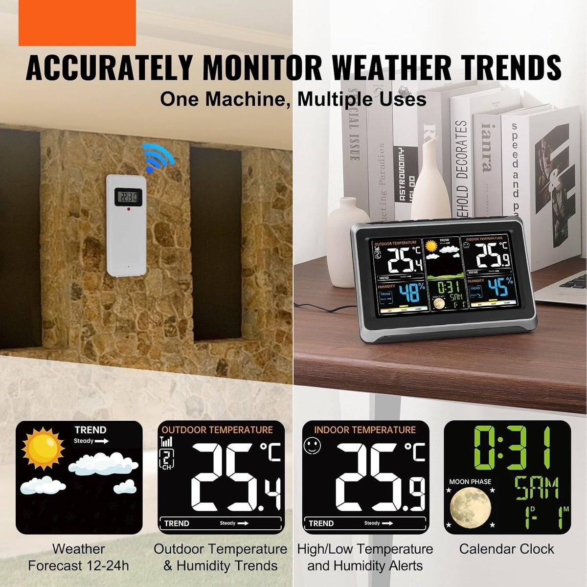 Draadloos weerstation - Weersvoorspeller Klok - Thuisplan maken - HD kleurenscherm - 75 inch display - Zwart