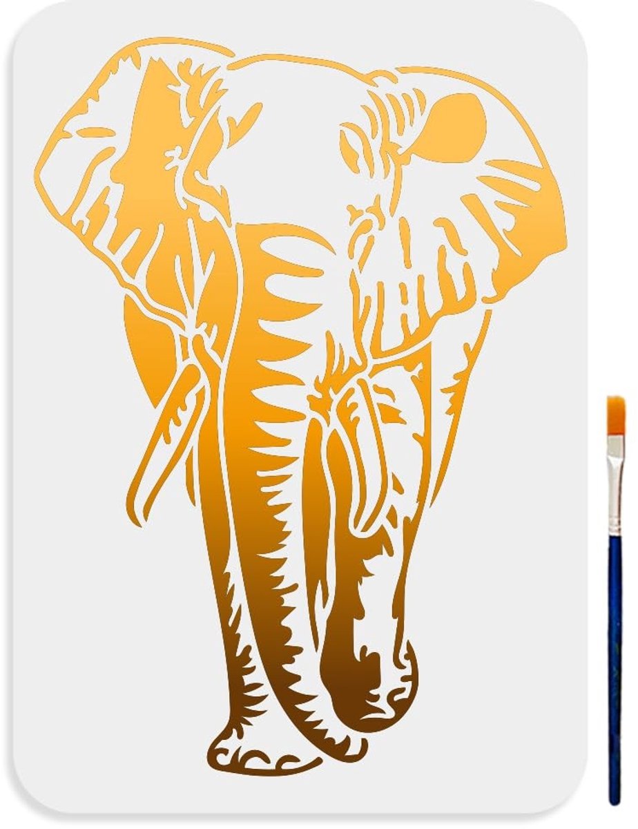 Dailygoods- Olifantensjabloon 29,7 x 21 cm - Herbruikbaar schildersjabloon - Dieren sjablonen - Voor hout/canvas/papier/stof - Inclusief penseel - Creatief doe-het-zelf plezier - Schilderstencil