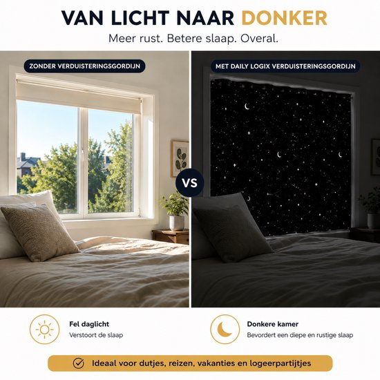 Vergelijking: een slaapkamer met fel daglicht naast een donkere kamer met een zwart sterren gordijn.