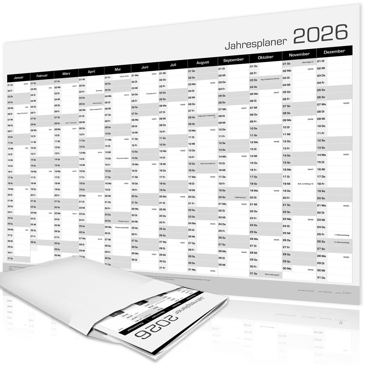 Dailygoods- Wandkalender 2026 - Jaarplanner A1 84x59 cm - Wandplanner - Muurkalender - Kalenderweken - Feestdagen - Overzichtelijke weergave - Jaarkalender
