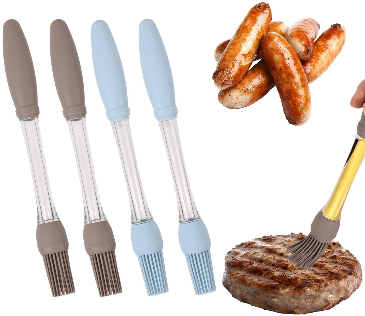 Dailygoods- Olieborstel 4 Stuks - Hittebestendig Siliconen - Afneembare Grillborstel - Holle Handgreep - Koken/Barbecueën - 22x2,5 cm - Bastingborstel