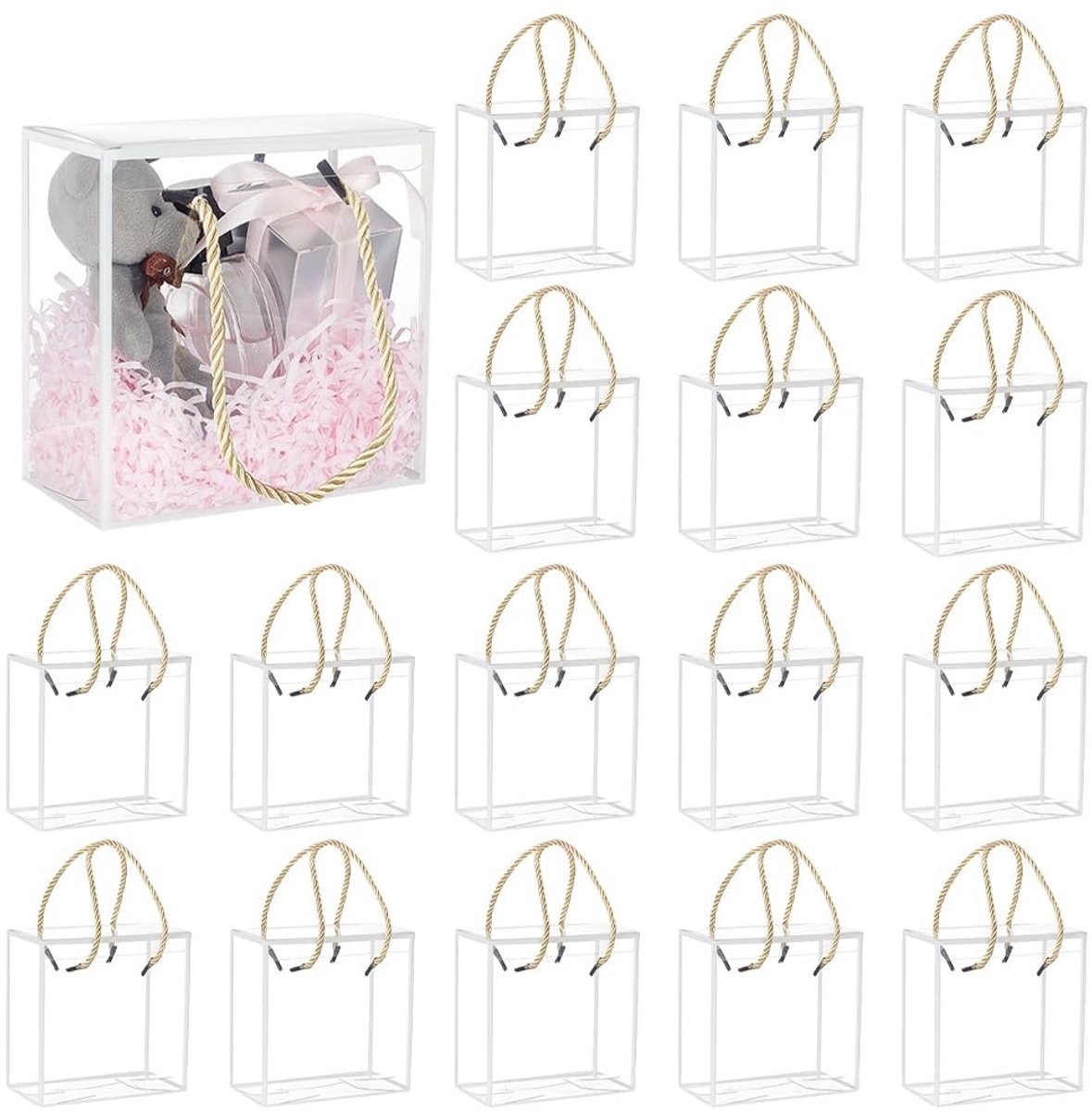 Dailygoods- Geschenkdozen Set van 20 - Transparante Dozen 14 x 14 x 7,5 cm - Duurzaam PET-plastic - Witte Rand - Voor Bruiloften/Verjaardagen - Inclusief 40 Koorden - Cadeauverpakking