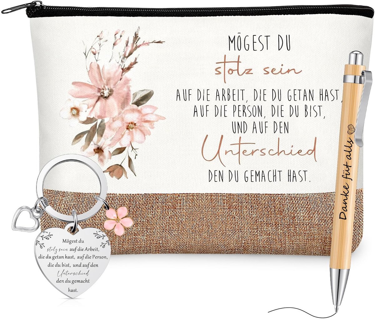 Dailygoods- Afscheidsbedankcadeaus 3 Stuks - Toilettas/Sleutelhanger - Balpen - Medewerkerscadeaus - Cadeauset - Positieve Vibes