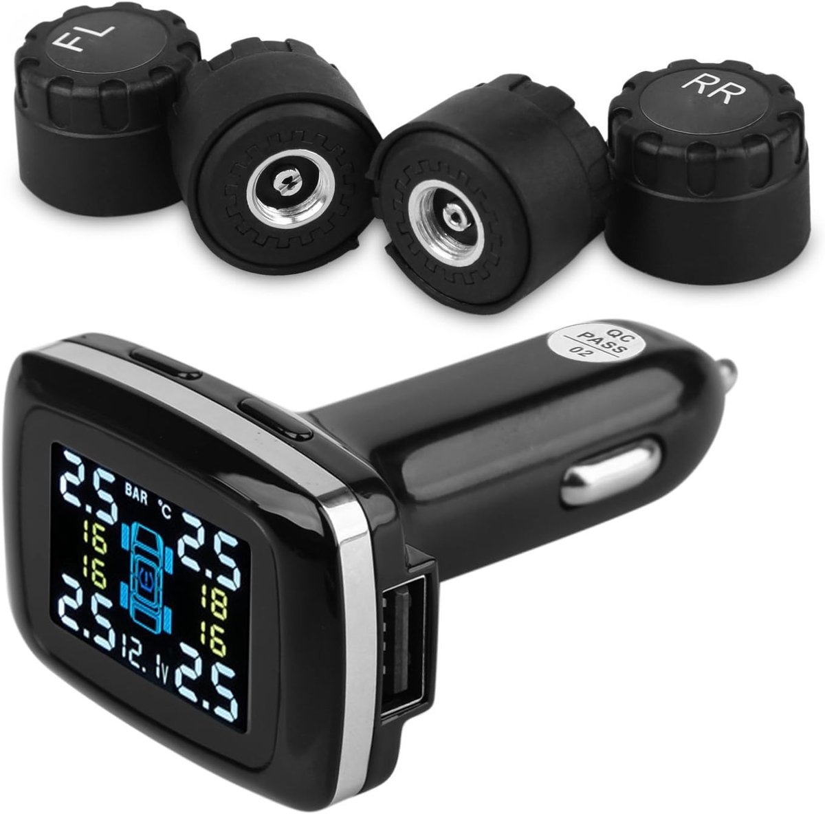 Bandenspanningsmeter - TPMS Systeem - Veilig Rijden - Real-time Bewaking - 4 Externe Sensoren - Zwart