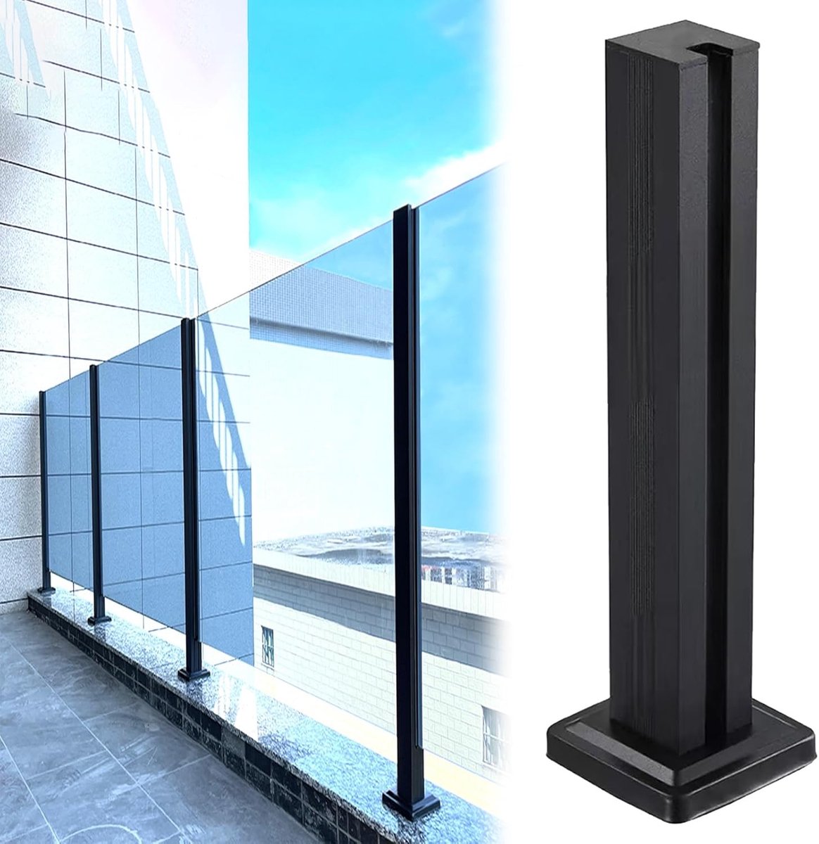 Leuningpalen Set - Buiten Reling - Terras Afscheiding - Roestvrij Staal - 76 cm Hoog - Zwart