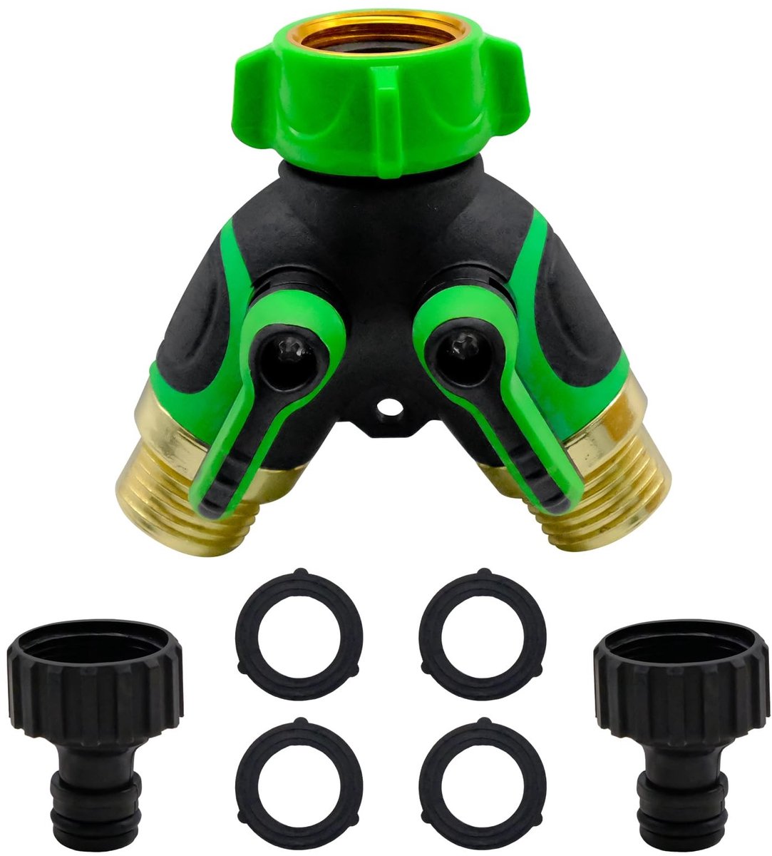 Dailygoods - Tuinkraan Splitter 2-weg Twin Tap Connector 3/4" slangaansluiting dubbele uitlaat tuin Y-type slangconnector waterslang met individuele aan/uit en 2 snelkoppelingen voor slangpijp