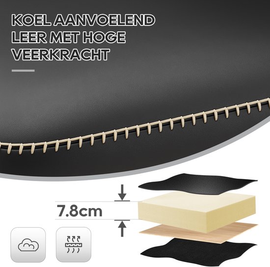 Detail van het zitvlak van een zwarte barkruk. Koel aanvoelend leer met hoge veerkracht.