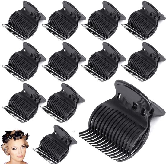 Twaalf zwarte plastic haarclips met kamvormige tanden, één grote clip rechts.