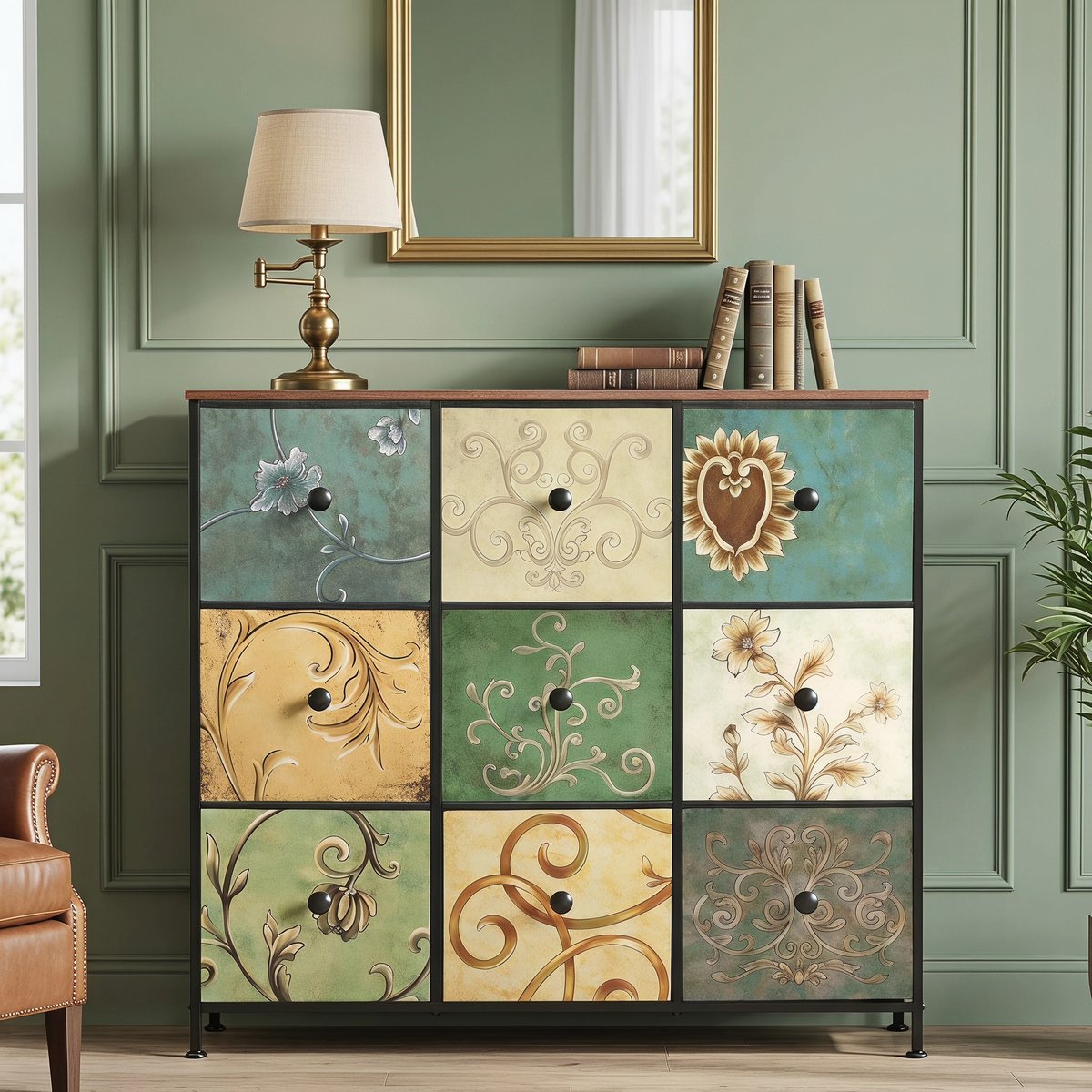 Commode met 9 Laden voor de Slaapkamer, Dressoir, Kast in Industriële Stijl, Houten Blad, Metalen Frame, Stoffen Laden, voor Woonkamer, Kinderkamer, Hal, Rustieke Stijl
