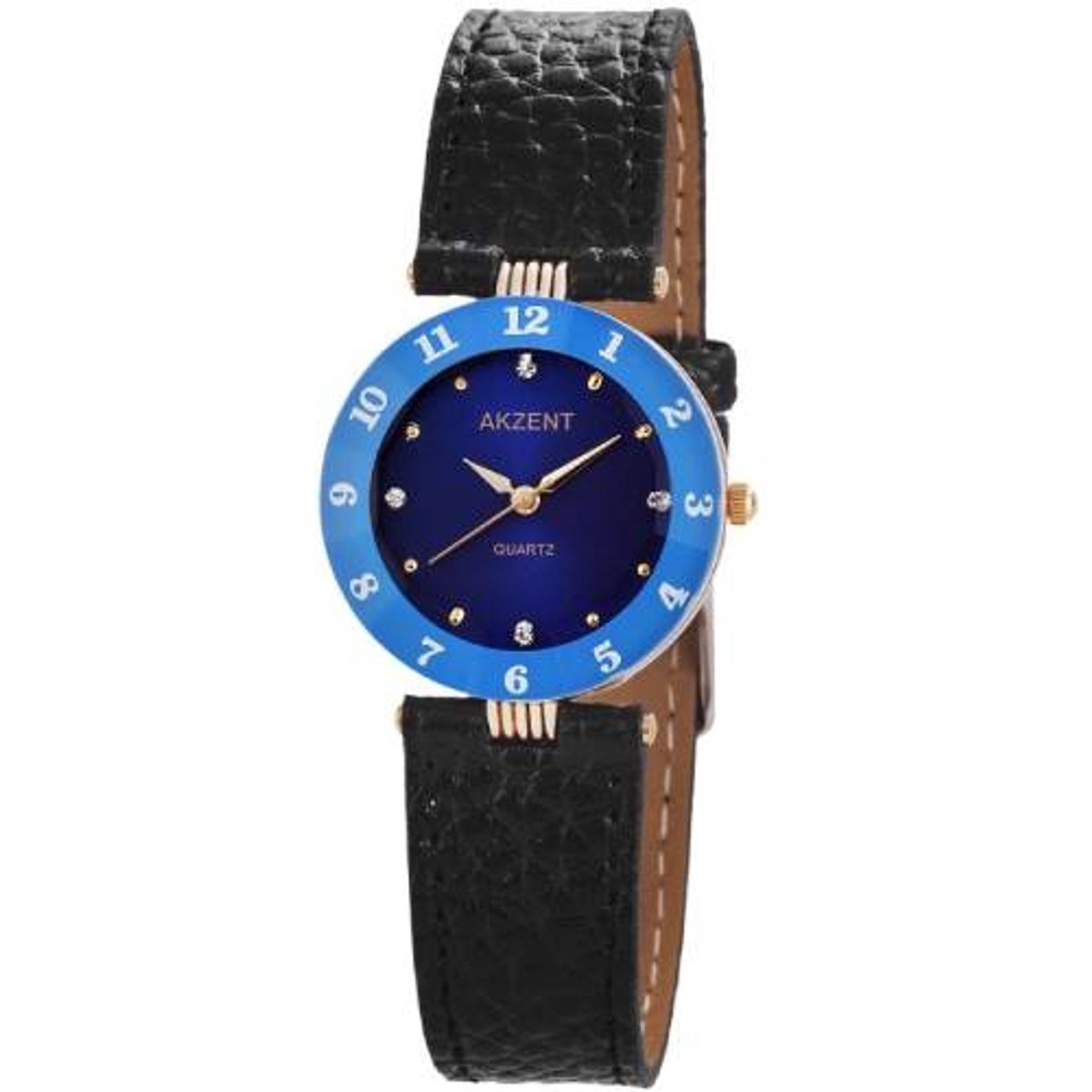 Akzent -dameshorloge-blauw-zwart-goudkleurig-extra lange band-geschikt voor bredere pols-3 atm waterdicht-diameter 30 mm