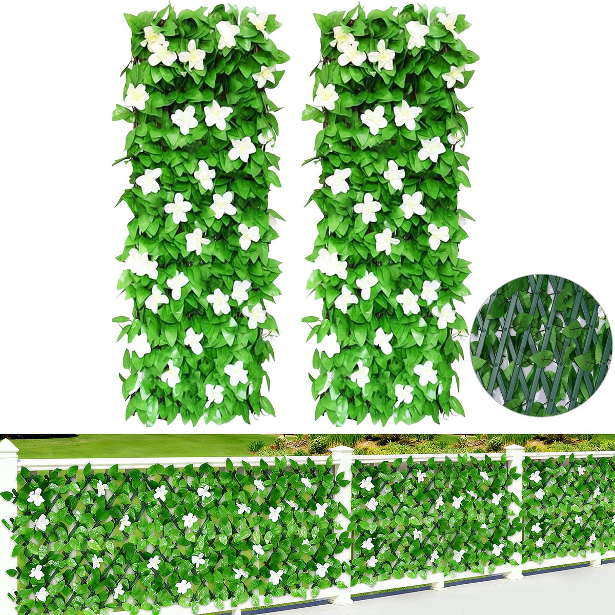 Lemlit Kunsthaag 2 Stuks - Kunstklimop Uitschuifbaar - Privacyscherm Tuindecoratie met kunstbloemen voor Tuin Balkon Schutting - 40x20 tot 200x28 cm - Tuinscherm