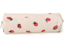 KZQ Pennenetui, corduroy stof, schattige aardbeienetui, modieus en eenvoudig etui, voor meisjes, school, kantoor, tieners, dames, roze, beige, Eenvoudig