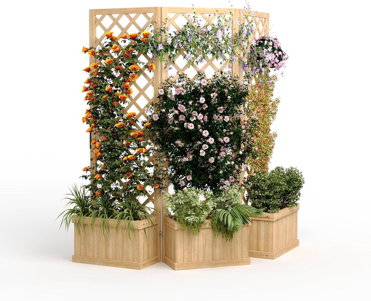 Cederhouten Privacyscherm met Plantenbak - 3 Panelen Opvouwbaar - 158 x 25 x 165 cm - Houten Klimplantenrek Trellis & Roomdivider voor Balkon, Terras en Tuin