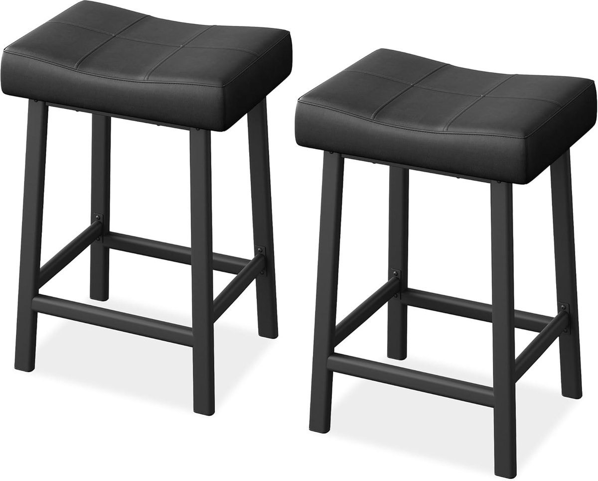 Triumpunpre Moderne zadelbarkrukken set van 2 stuks – 61 cm aanrechthoogte, zonder rugleuning, bekleed met kunstleer, metalen potten en voetsteun, eenvoudig te monteren voor keukeneiland en eetaanrecht zwart