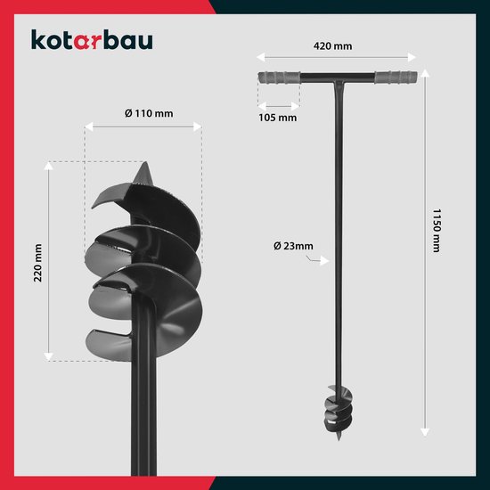 KOTARBAU® Handgrondboor, Palenboor, ⌀ 110 mm, Metaal, 115 cm, Zwart, Grondboor, Grondboor voor Hekpalen, Handboor voor Grond, T-Greep, Ergonomisch en Robuust, Tuinboor van KOTARBAU — afbeelding 3
