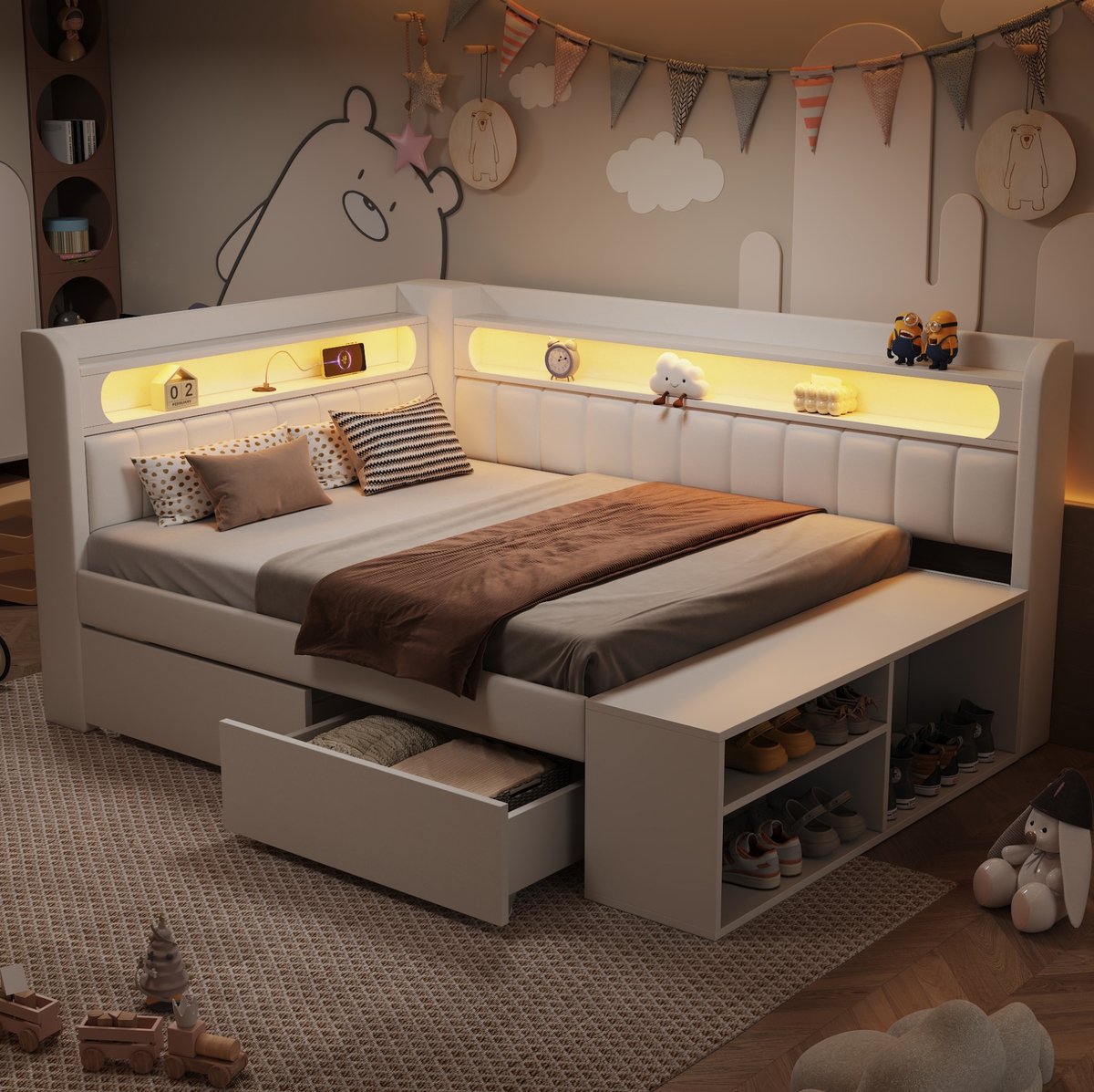 MEUNIQ eenpersoons bed 90x200 cm met LED-verlichting, USB-aansluiting, 2 lades en schoenenkast, gestoffeerd bedframe met lattenbodem voor slaapkamer, wit