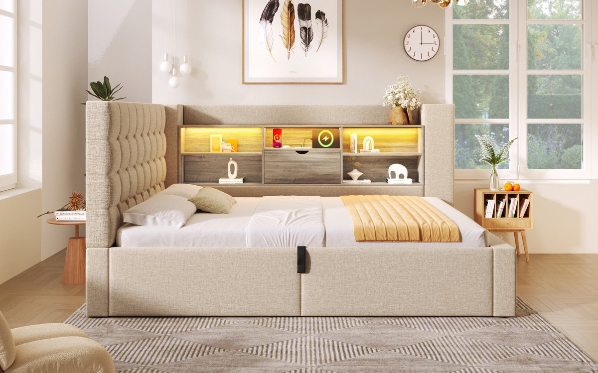 MEUNIQ eenpersoonsbed 90x200 cm met LED-verlichting, hydraulische opbergruimte, L-vormig hoofdbord met vakken, USB en USB-C, lattenbodem, beige