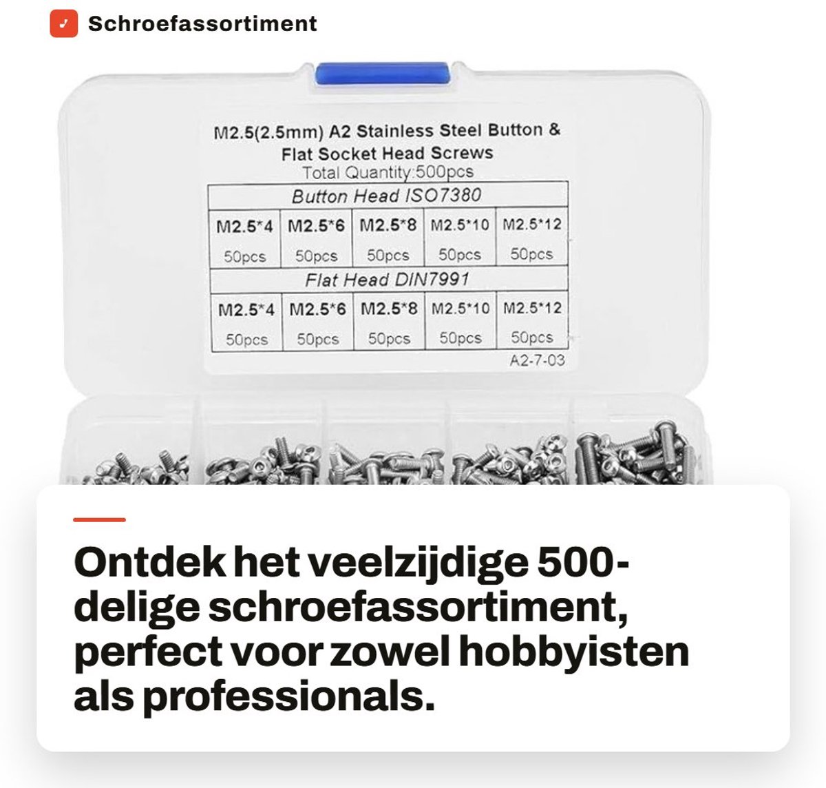 Dailygoods- Schroefassortiment 500-delig - Roestvrij staal - Inbusschroeven - Moeren - Opbergdoos - M2.5/platte kop/zeskantschroef - Schroeven
