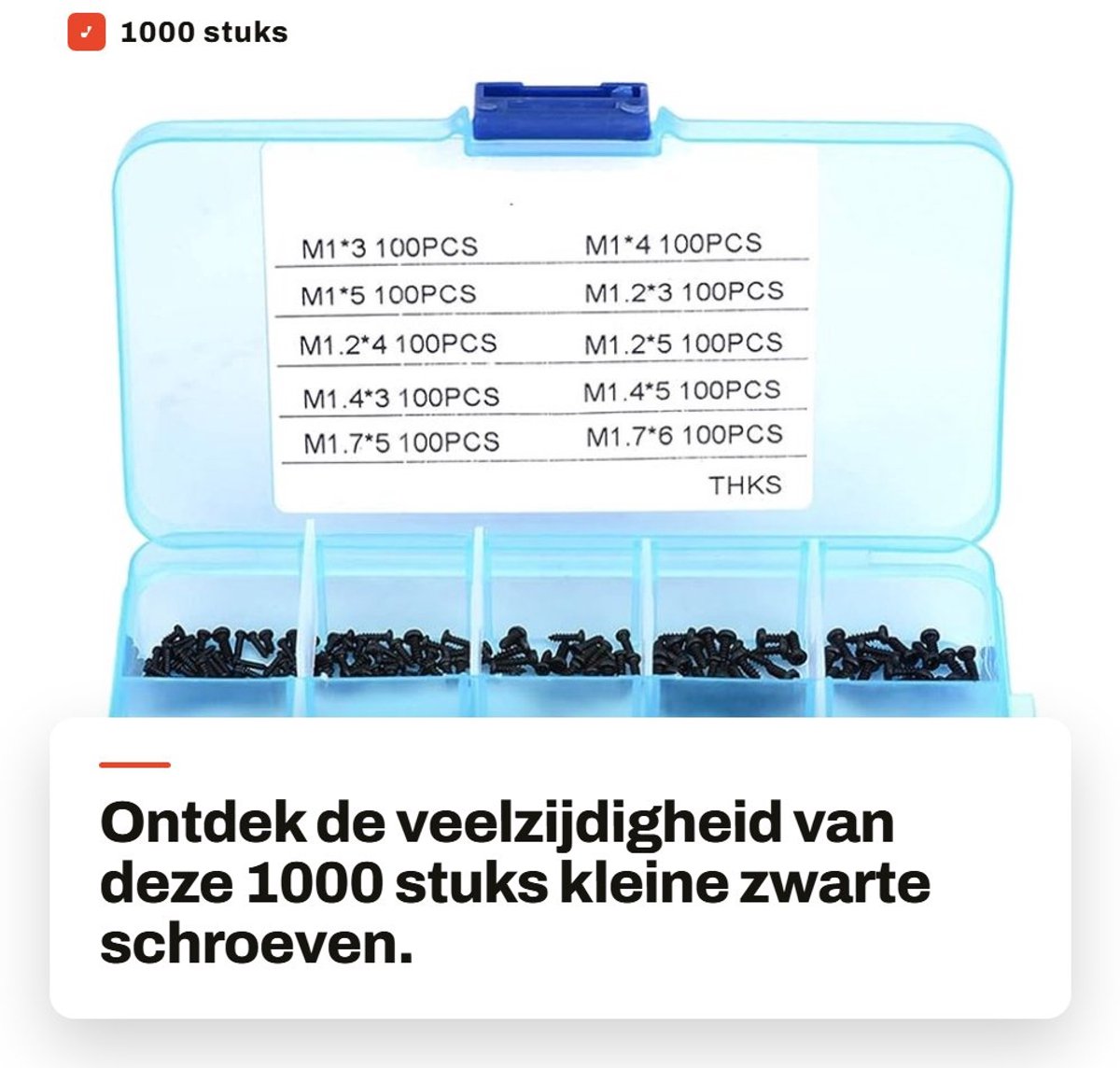 Dailygoods- Schroeven 1000 Stuks - Zelftappende Schroeven - Kunststof Opbergdoos - Roestvrij Staal - Assortiment M1 - Zwart - Schroefset