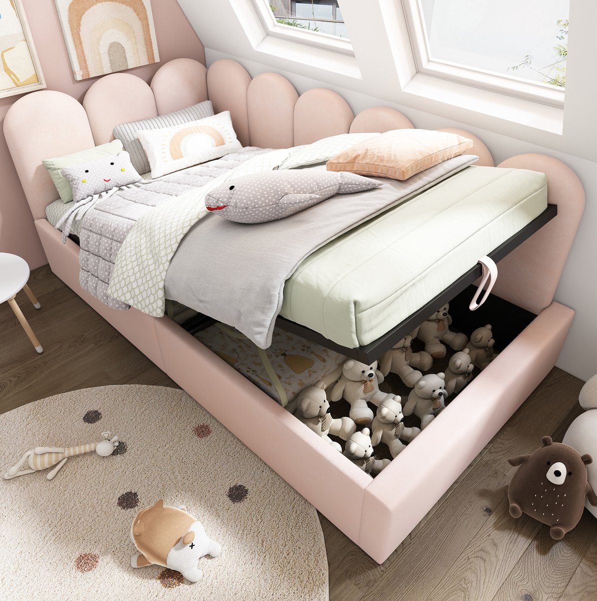 MEUNIQ slaapbank 90x190 cm met hydraulische opbergruimte, metalen lattenbodem en gestoffeerd daybed ontwerp, roze eenpersoons bed voor kinderkamer of logeerkamer