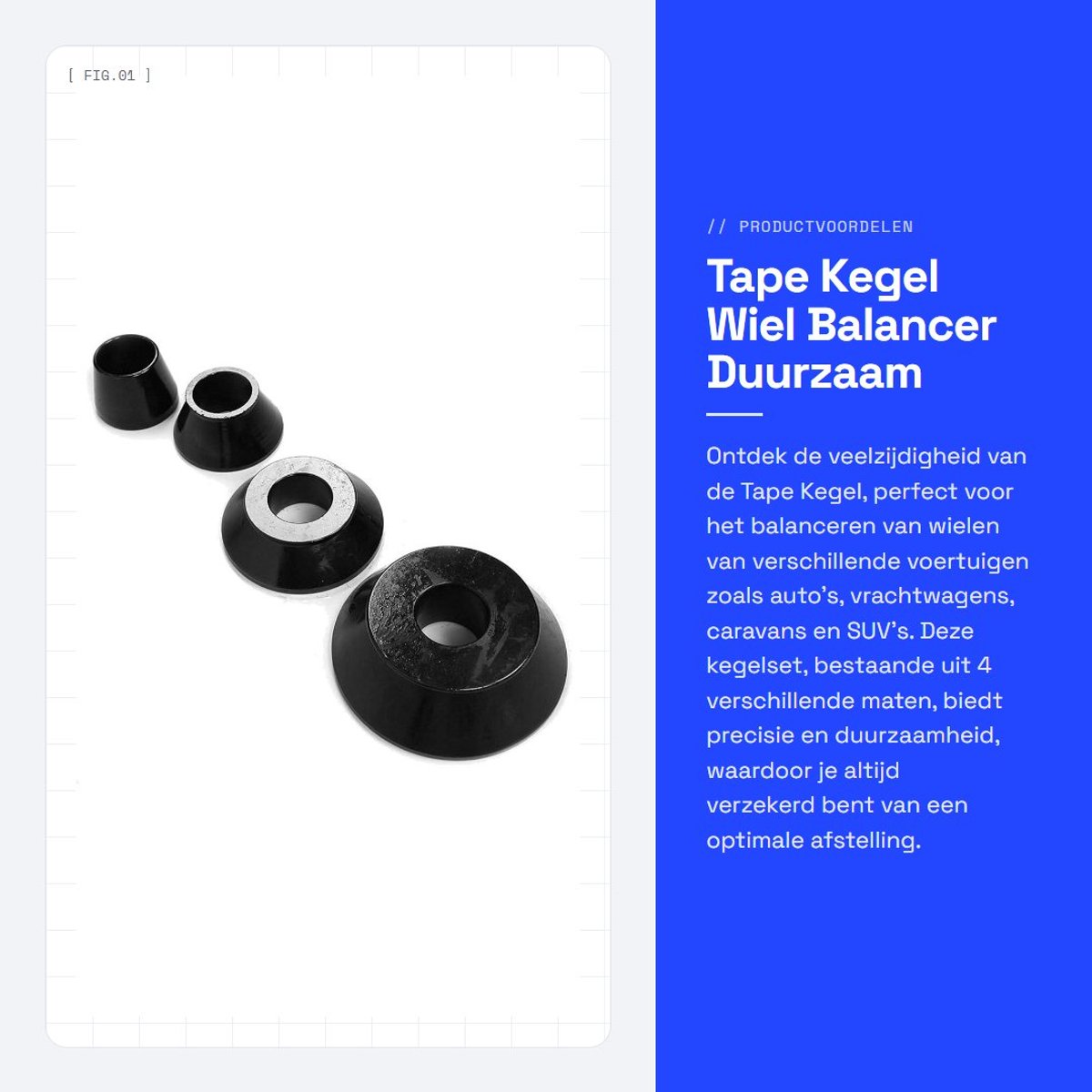 Dailygoods- Tape Kegel 4 Stuks - 62/80/105/137 mm - Duurzaam - 40 mm Schacht - Koolstofstaal - Voor Wielbalancer - Balanceerkegel
