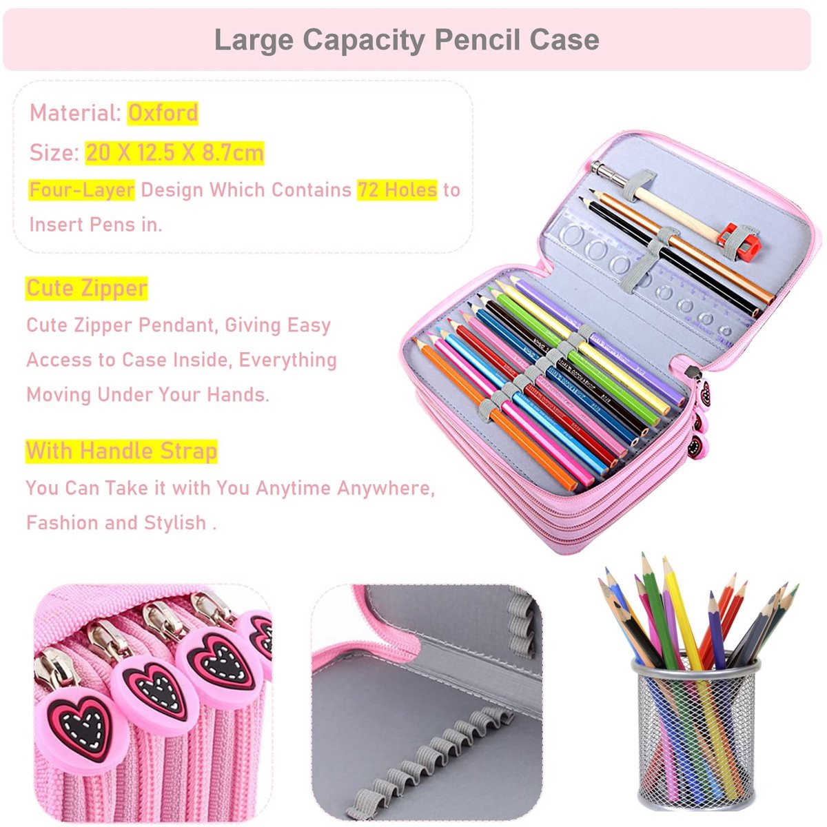 Dailygoods- Pennenetui grote capaciteit - 72 sleuven - 4 compartimenten - Oxford stof - Draagbaar - Krasbestendig en vuilafstotend - Etui